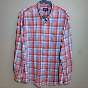 Oxford Brand Men’s Nylon/Spandex Tech Coral/Blue Plaid Button-down, L, EUC